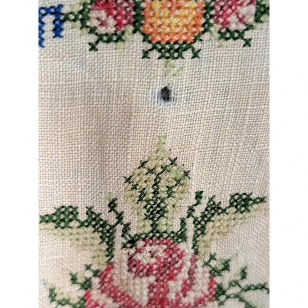 Vintage Handmade Cross Stitch Linen Floral Urn Scalloped Panels Set of 2 Cream
